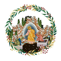 Fototapeta premium Resurrection of Jesus Bible scene. Decorative vintage floral wreath, illustration in Byzantine style isolated