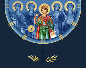 Fototapeta premium Saint Solomon and four cardinal points (Archangel Gabriel, Uriel, Raphael and Michael). Illustration in Byzantine style isolated