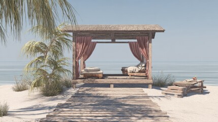 Fototapeta premium beach with cabana and tanning zone sea front no people no plants only potts 