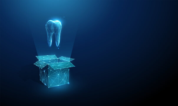 3d blue tooth floating above an open box. Dental regeneration, restorative dentistry, dental implants placement, surgical treatment, regenerative dentistry concept