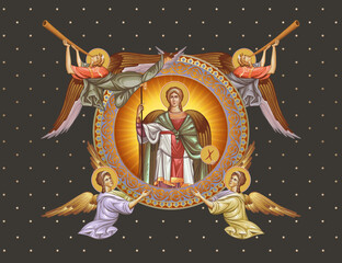 Fototapeta premium Archangel Michael. Decorative vintage illustration with angels in Byzantine style