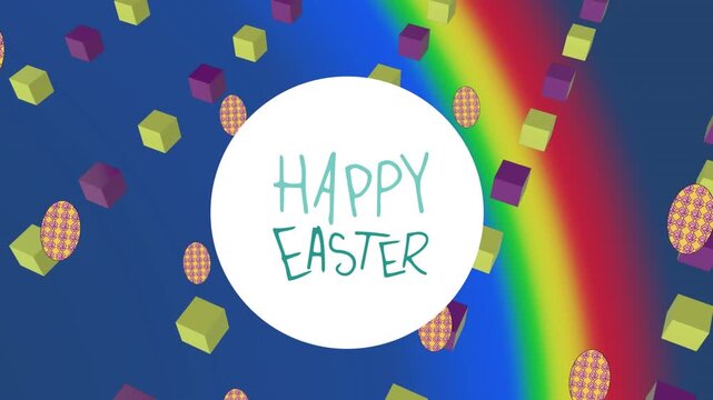 Animation of happy easter text over egg icons and colorful shapes
