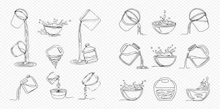 Set of hand-drawn liquid pouring and splashing illustrations, including water, milk, and other fluids, in various containers like bowls, cups, and bottles, on a transparent background.