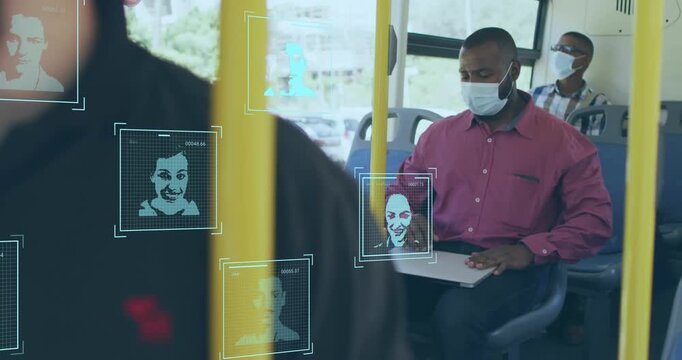 Animation of scanners processing portraits over african american man in face mask on bus with laptop