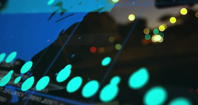 Animation of purple and spots of lights over dancing crowd with blurred lights