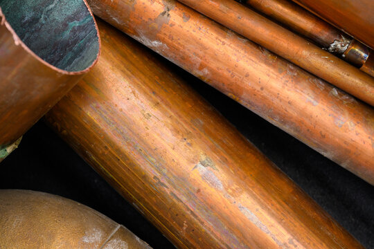 old scrap copper pipe with patina and brass good texture