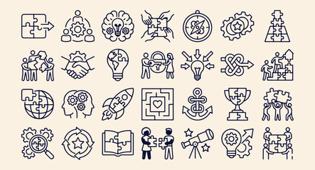 Obraz premium Idea vector icons, innovation creative symbols, brain thinking design, rocket startup set, intelligence logic icons, brainstorming line art, vision creativity symbols.