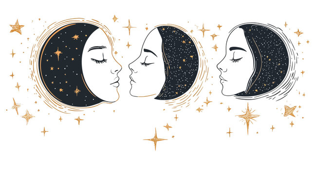 Celestial illustration depicts moon-faced figures amidst stars, offering a mystical and dreamy aesthetic