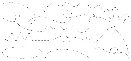 Large collection of hand drawn curve dotted line, spiral dotted line hand drawn, dotted lines path on white background. Path travel dotted line trip dashed trace destination track plan and travelling © Mst