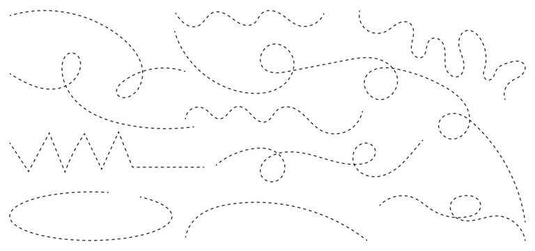 Large collection of hand drawn curve dotted line, spiral dotted line hand drawn, dotted lines path on white background. Path travel dotted line trip dashed trace destination track plan and travelling