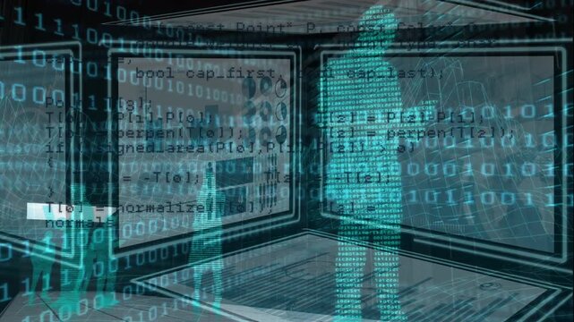 Animation of data processing, binary code and human silhouette over digital screens