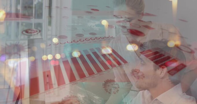 Animation of data processing over caucasian workers in server room