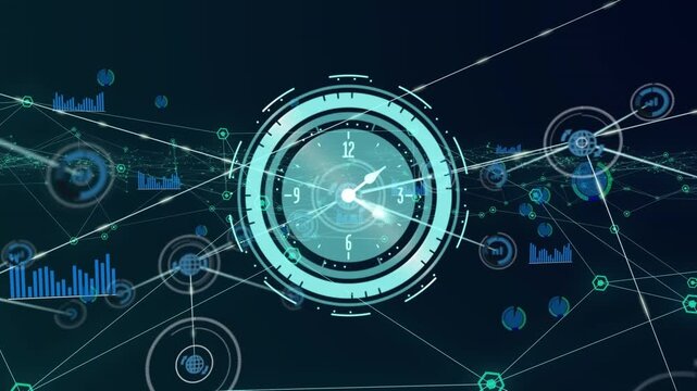 Animation of neon ticking clock over network of digital icons against blue background