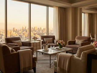 Obraz premium A comfortable relaxation space in a luxurious room furnished with wine and a sofa