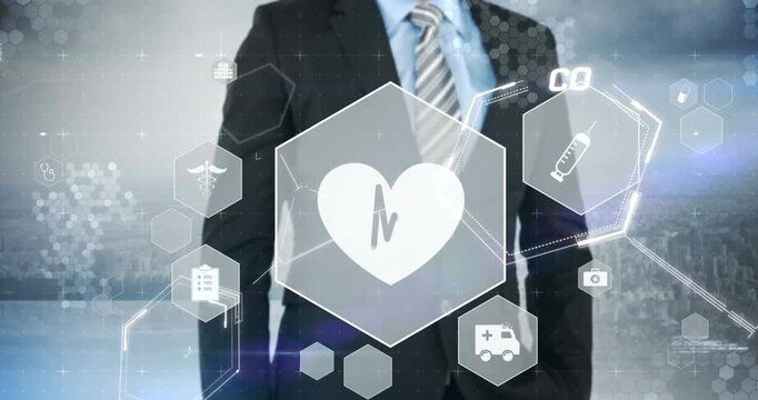 Composition of businessman touching interactive screen with network of connections