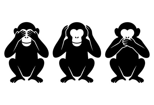 Three wise monkeys icon silhouette for see, hear, and speak no evil
