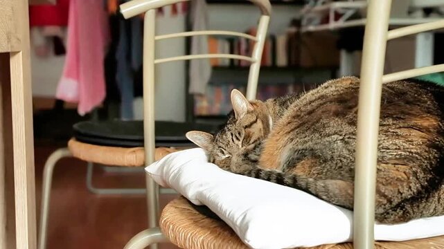 Cat dozes on a chair as the camera approaches her. The cat is of European breed and has grey brindle fur. The video was filmed in an apartment, filming a beautiful European cat crouching on a chair
