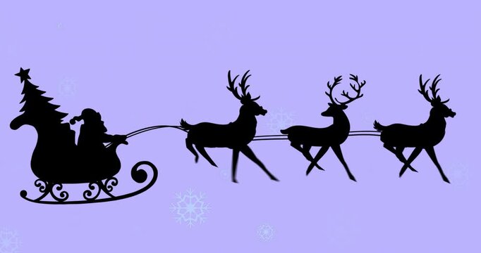 Animation of santa claus in sleigh with reindeer over snow falling