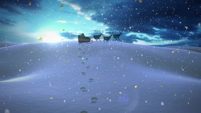 Animation of snow falling and santa claus in sleigh with reindeer over winter landscape