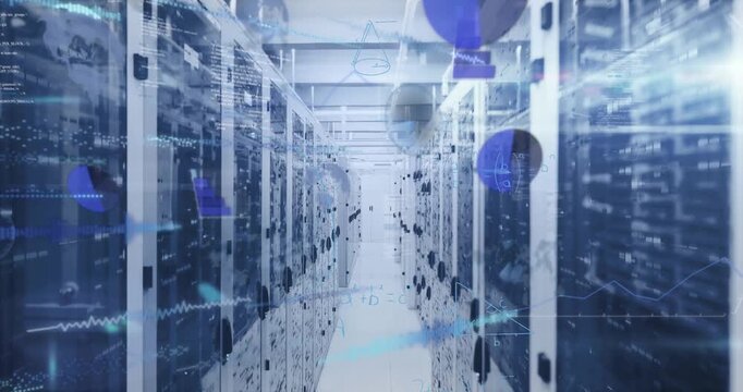 Animation of mathematical equations, infographic interface and lens flare over server room