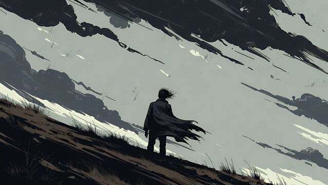 Solitary Wanderer: Wind-Swept Silhouette Against Stormy Skies