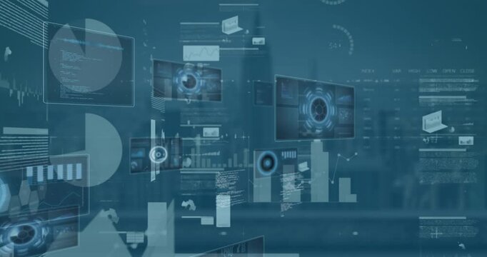 Video displays blue scopes and data processing on screens, symbolizing global digital connections.