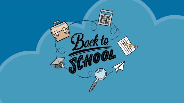 This video features several school-themed icons floating against a black background