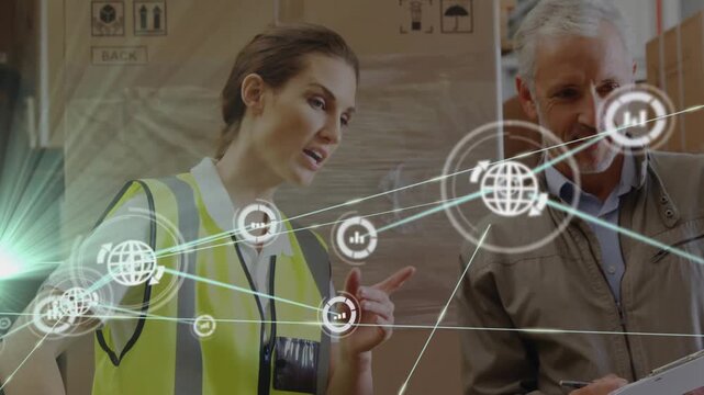 Warehouse workers working together in a warehouse is an online technology network