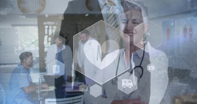 Animation of midsection of caucasian businessman, smiling doctor with arms crossed and icons