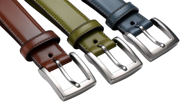 Three leather belts with silver buckles in brown, green, and blue on transparent background