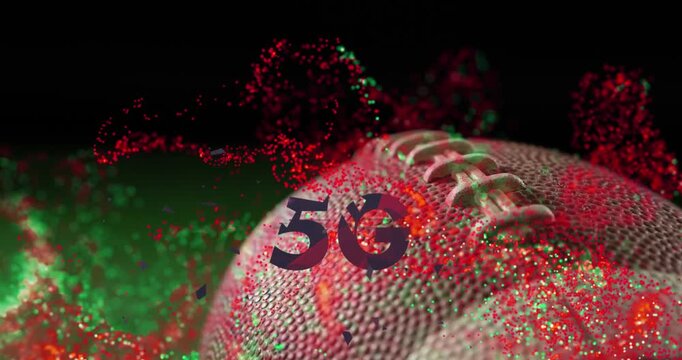 Animation of 5g text over multicolored abstract pattern against cropped rugby ball on field