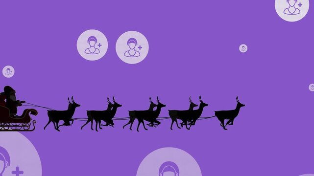 Animation of santa riding sleigh with reindeers and floating profile icons over purple background