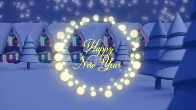 Animation of happy new year greetings text in fairy lights frame over christmas winter scenery