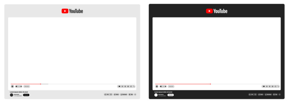 YouTube video player interface UI kit featuring desktop streaming layout in light and dark modes.