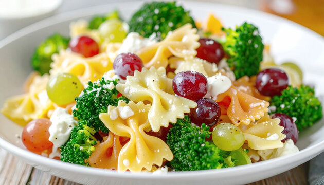 Broccoli, grapes, and bowtie pasta salad with white creamy dressing, closeup. AI