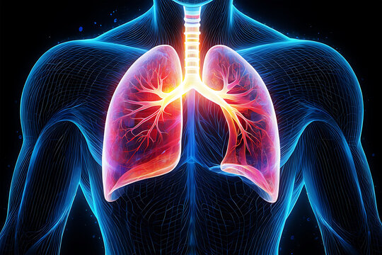 Glowing Human Lungs Inside Blue Wireframe Torso respiratory system anatomy