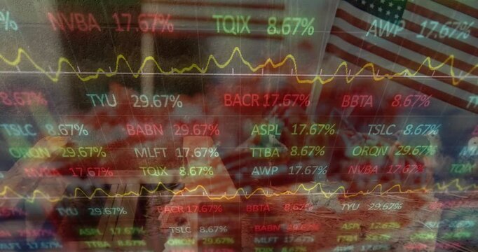 Animation of colorful trading board, cupcakes with flag of america over baby chicken at farm