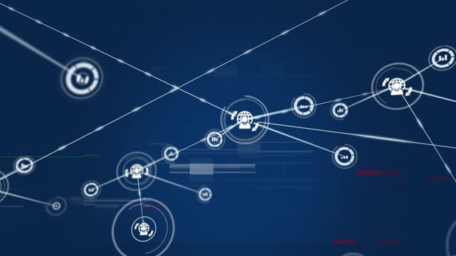 Animation of glitch effect over network of digital icons against blue background