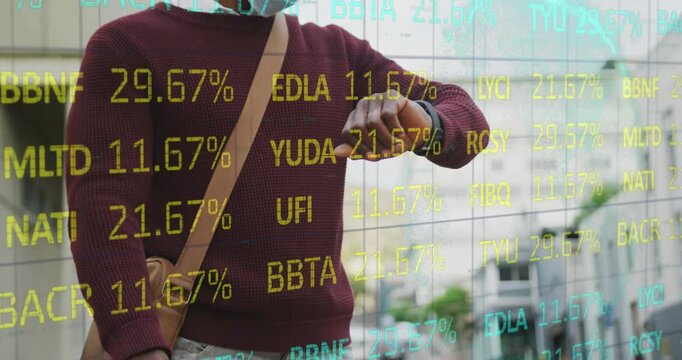 Animation of globe, trading board, african american man wearing mask checking time by bicycle