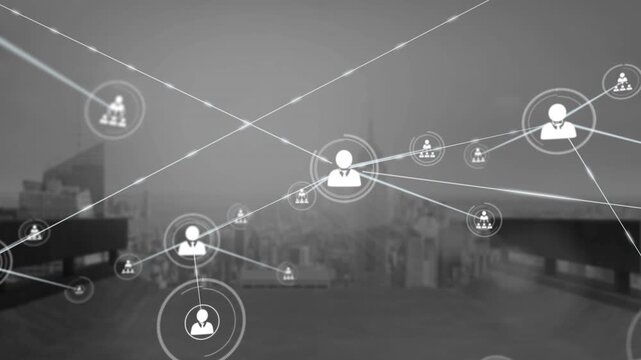 Animation of people icons connected over empire state building and skyscrapers during foggy weather