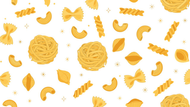 Seamless pattern of various dry pasta shapes like farfalle, fusilli, and penne is scattered across a clean white background.