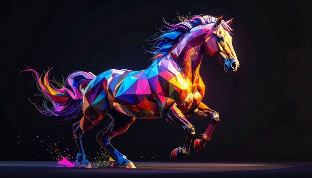 A vibrant, low-poly horse with neon colors runs dynamically