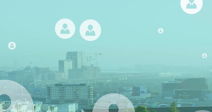 Animation of multiple profile icons floating against aerial view of cityscape