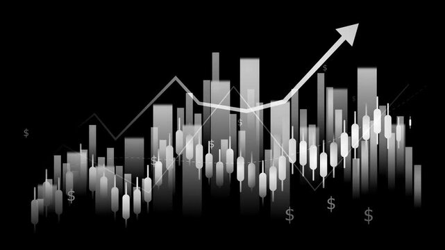 Abstract financial chart with candlesticks, bar graphs and upward arrow animation