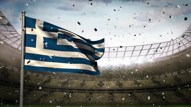 Animation of camera flashes and white particles over waving greece flag against sports stadium