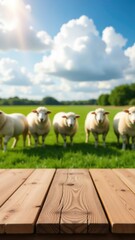 Obraz premium A peaceful scene of sheep standing on a lush green field, with a calm atmosphere
