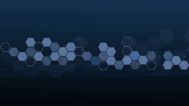 Dark hexagon technology background animation, Abstract dark digital background with horizontal band of translucent hexagons and subtle diagonal lines