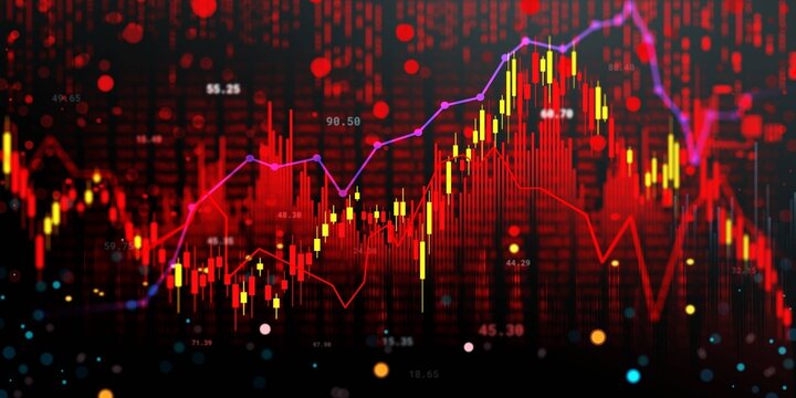 Red and yellow candlestick chart on dark background with financial data, bearish global stock market trend, trading risk and crash concept for finance, business and investment design.