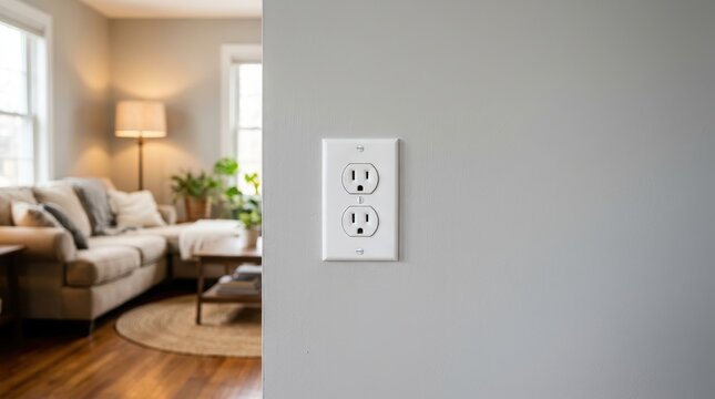 White electrical wall outlet installed in modern living room interior.