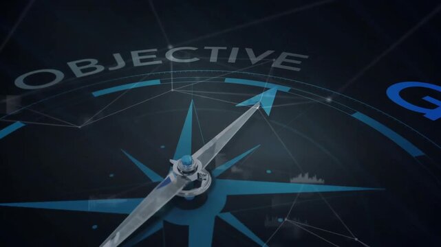 Animation of magnetic needle on compass pointing to goal text over streaming data and networks